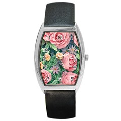 Darling And Dazzling Watercolor Flowers Barrel Style Metal Watch by GardenOfOphir