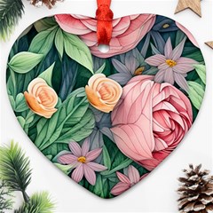 Darling And Dazzling Watercolor Flowers Heart Ornament (two Sides) by GardenOfOphir