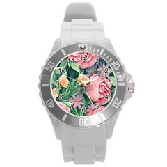 Darling And Dazzling Watercolor Flowers Round Plastic Sport Watch (l) by GardenOfOphir