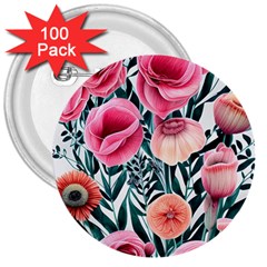 Cheerful Watercolors – Flowers Botanical 3  Buttons (100 Pack)  by GardenOfOphir