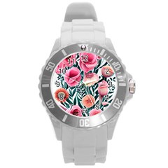 Cheerful Watercolors – Flowers Botanical Round Plastic Sport Watch (l) by GardenOfOphir