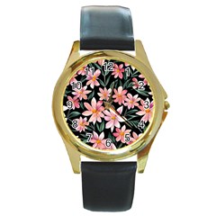 Classy Botanicals – Watercolor Flowers Botanical Round Gold Metal Watch by GardenOfOphir