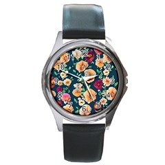 Charming Foliage – Watercolor Flowers Botanical Round Metal Watch by GardenOfOphir