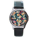 Charming Foliage – Watercolor Flowers Botanical Round Metal Watch Front