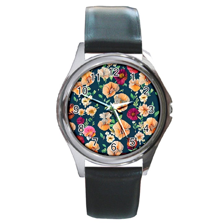 Charming Foliage – Watercolor Flowers Botanical Round Metal Watch