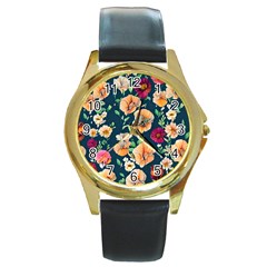 Charming Foliage – Watercolor Flowers Botanical Round Gold Metal Watch by GardenOfOphir