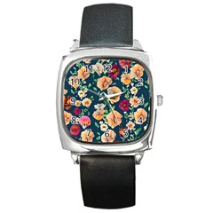 Charming Foliage – Watercolor Flowers Botanical Square Metal Watch by GardenOfOphir