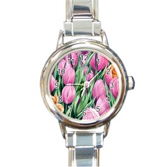 Cheerful Watercolor Flowers Round Italian Charm Watch by GardenOfOphir