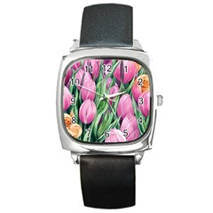 Cheerful Watercolor Flowers Square Metal Watch by GardenOfOphir