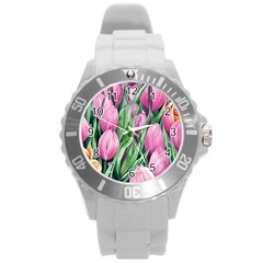 Cheerful Watercolor Flowers Round Plastic Sport Watch (l) by GardenOfOphir