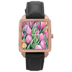 Cheerful Watercolor Flowers Rose Gold Leather Watch  by GardenOfOphir