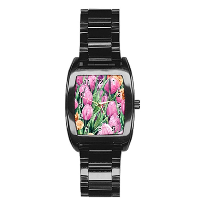 Cheerful Watercolor Flowers Stainless Steel Barrel Watch