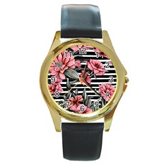 Country-chic Watercolor Flowers Round Gold Metal Watch by GardenOfOphir