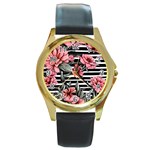 Country-Chic Watercolor Flowers Round Gold Metal Watch Front