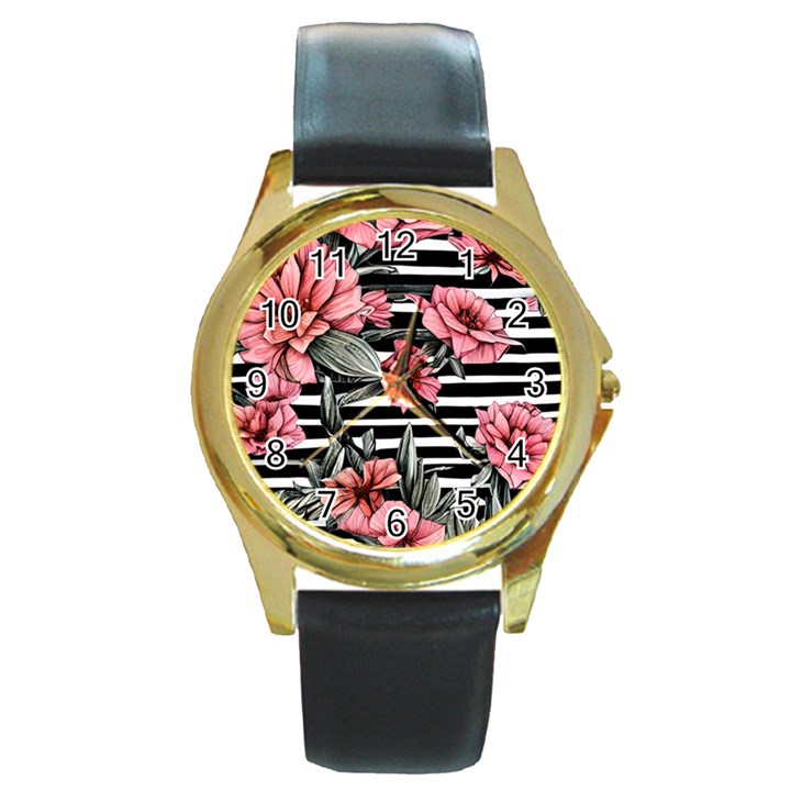 Country-Chic Watercolor Flowers Round Gold Metal Watch