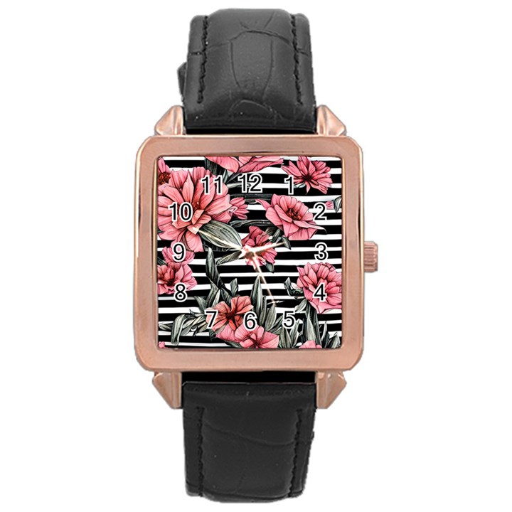 Country-Chic Watercolor Flowers Rose Gold Leather Watch 