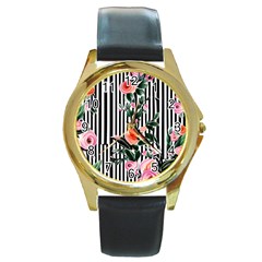 Classic Watercolor Flowers Round Gold Metal Watch by GardenOfOphir