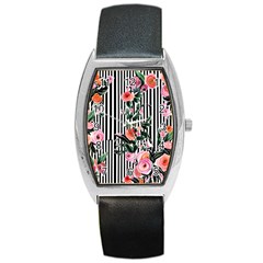 Classic Watercolor Flowers Barrel Style Metal Watch by GardenOfOphir