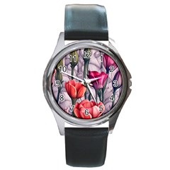 Color-infused Watercolor Flowers Round Metal Watch by GardenOfOphir