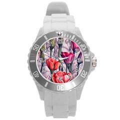 Color-infused Watercolor Flowers Round Plastic Sport Watch (l) by GardenOfOphir