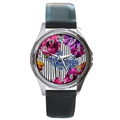 Dazzling Watercolor Flowers Round Metal Watch by GardenOfOphir