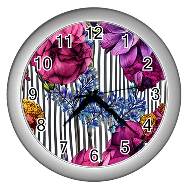 Dazzling Watercolor Flowers Wall Clock (Silver)