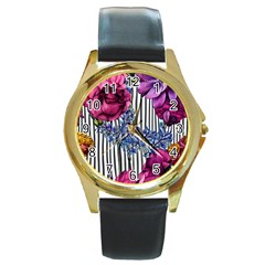 Dazzling Watercolor Flowers Round Gold Metal Watch by GardenOfOphir