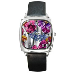 Dazzling Watercolor Flowers Square Metal Watch by GardenOfOphir