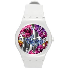 Dazzling Watercolor Flowers Round Plastic Sport Watch (m) by GardenOfOphir