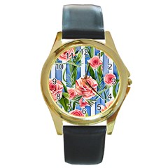 Chic watercolor flowers Round Gold Metal Watch