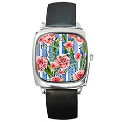 Chic watercolor flowers Square Metal Watch