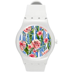 Chic Watercolor Flowers Round Plastic Sport Watch (m) by GardenOfOphir