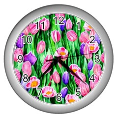 Combined Watercolor Flowers Wall Clock (silver) by GardenOfOphir