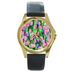 Combined Watercolor Flowers Round Gold Metal Watch by GardenOfOphir