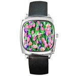 Combined watercolor flowers Square Metal Watch Front