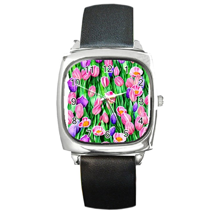 Combined watercolor flowers Square Metal Watch