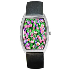 Combined Watercolor Flowers Barrel Style Metal Watch by GardenOfOphir