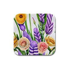 Classy Watercolor Flowers Rubber Square Coaster (4 Pack) by GardenOfOphir