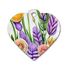 Classy Watercolor Flowers Dog Tag Heart (one Side) by GardenOfOphir