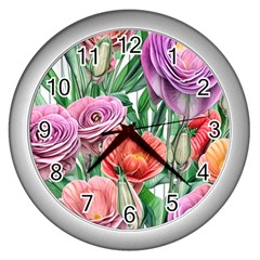 Captivating Watercolor Flowers Wall Clock (silver) by GardenOfOphir