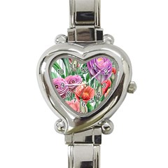 Captivating Watercolor Flowers Heart Italian Charm Watch by GardenOfOphir