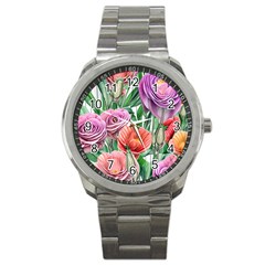 Captivating Watercolor Flowers Sport Metal Watch by GardenOfOphir