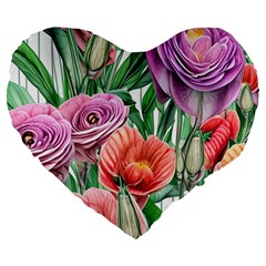 Captivating Watercolor Flowers Large 19  Premium Flano Heart Shape Cushions by GardenOfOphir