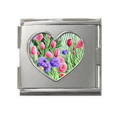 Exquisite Watercolor Flowers Mega Link Heart Italian Charm (18mm) by GardenOfOphir