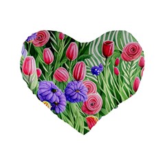 Exquisite Watercolor Flowers Standard 16  Premium Flano Heart Shape Cushions by GardenOfOphir