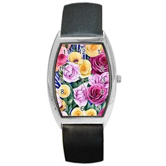 Cherished Watercolor Flowers Barrel Style Metal Watch by GardenOfOphir