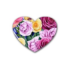 Cherished Watercolor Flowers Rubber Coaster (heart) by GardenOfOphir