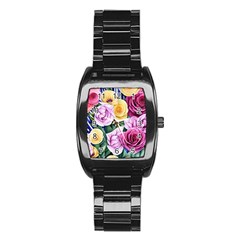 Cherished Watercolor Flowers Stainless Steel Barrel Watch by GardenOfOphir