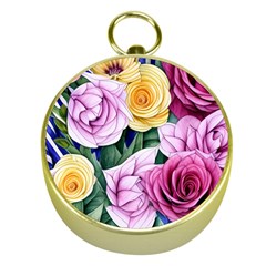 Cherished Watercolor Flowers Gold Compasses