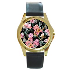 Charming Watercolor Flowers Round Gold Metal Watch by GardenOfOphir